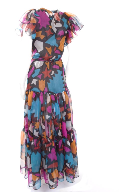 Vintage Yves Saint Laurent Chiffon Evening Dress with Graphic Print For Sale 2