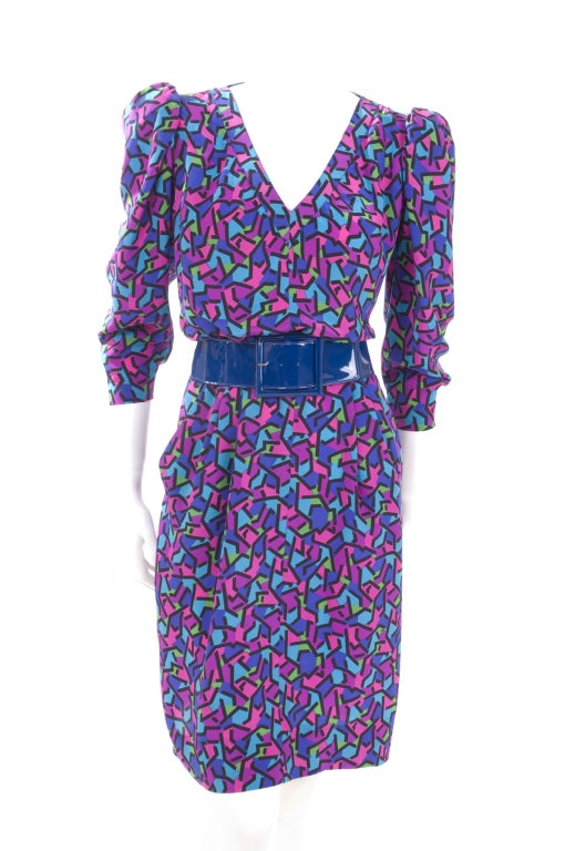 Purple 90's Yves Saint Laurent Silk Dress and Belt For Sale