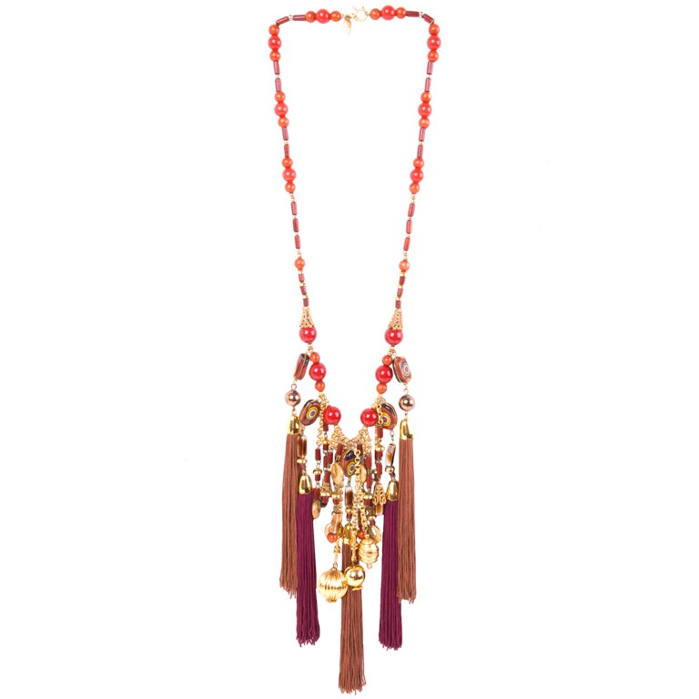Vintage 80's Scherrer Necklace with Beats and Tassels For Sale at 1stDibs