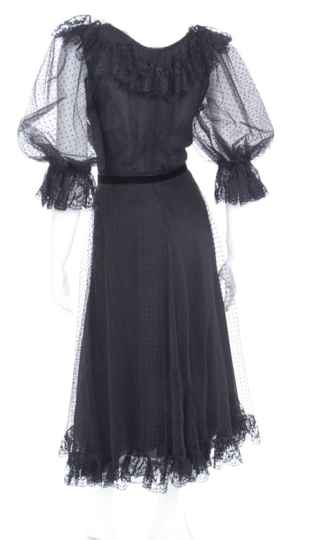 70's Vintage JS Scherrer Black Dress in Lace and Tulle with Swiss Dot Overlay For Sale 2