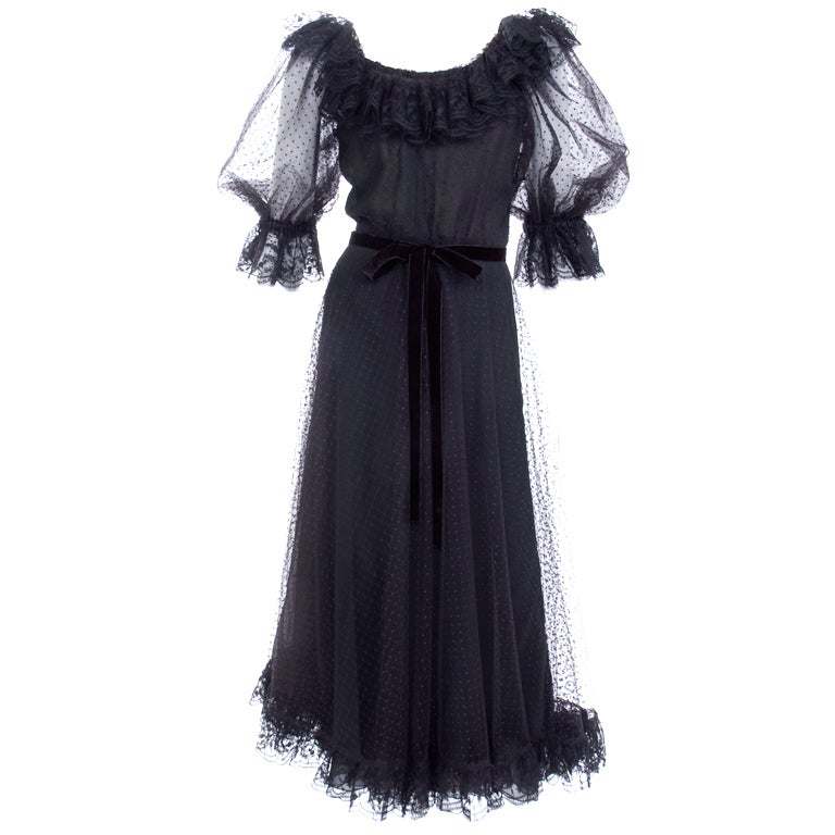 70's Vintage JS Scherrer Black Dress in Lace and Tulle with Swiss Dot Overlay For Sale