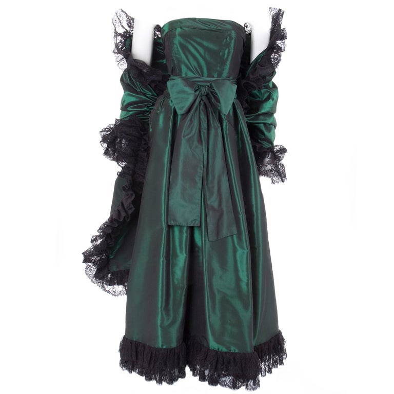 Yves Saint Laurent Green Silk Taffeta Gown and Stole For Sale