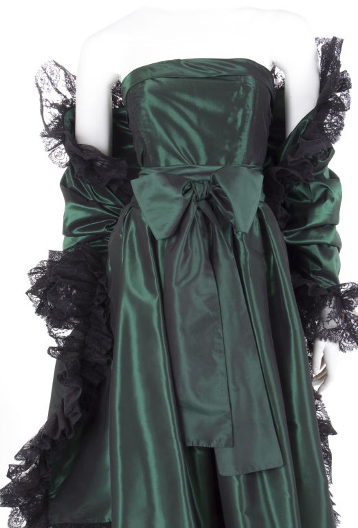 Black Yves Saint Laurent Green Silk Taffeta Gown and Stole For Sale