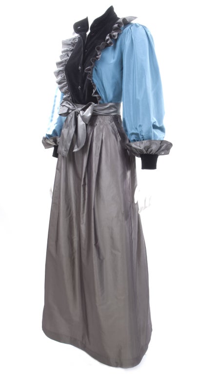 Gray 1982 Yves Saint Laurent Taffeta and Velvet 2 piece Gown For Sale
