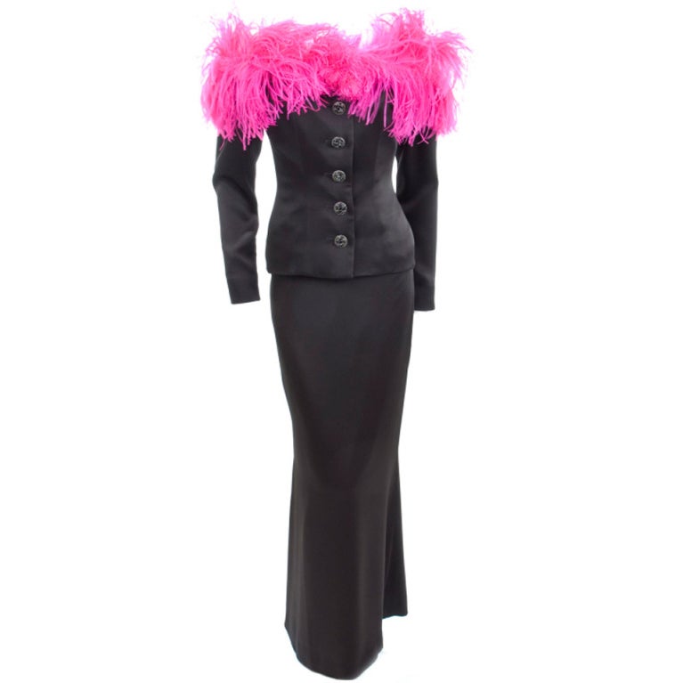 Yves Saint Laurent Black Satin Evening Suit with Pink Feathers