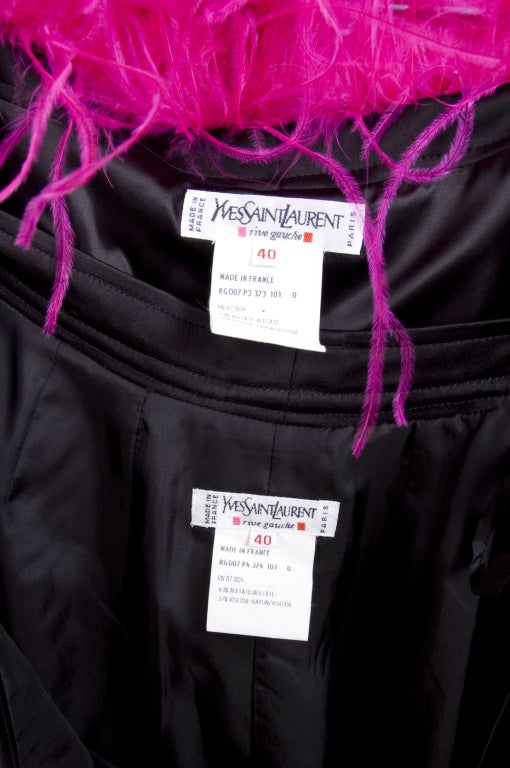 Women's Yves Saint Laurent Black Satin Evening Suit with Pink Feathers