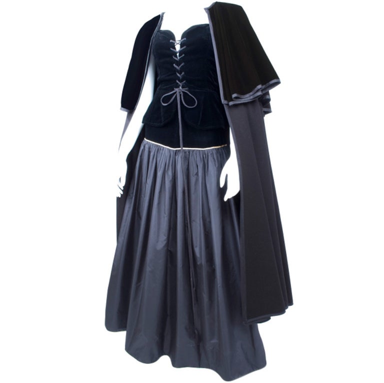 Yves Saint Laurent Taffeta Skirt with Velvet Bustier and Cape For Sale