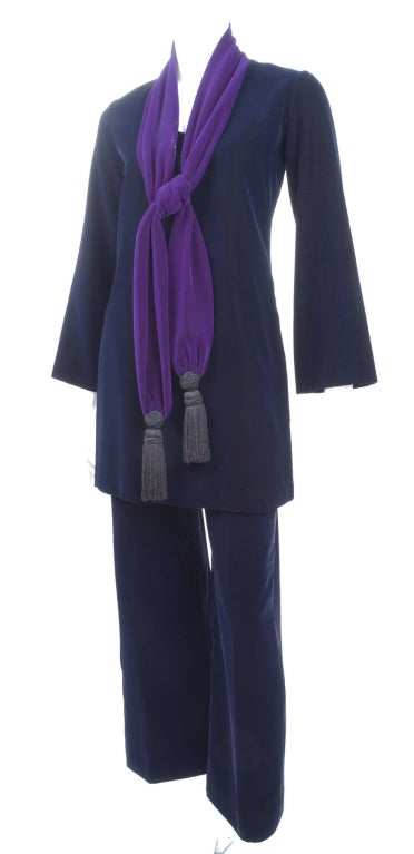 Purple Yves Saint Laurent Navy Velvet Suit with Belt/Scarf For Sale