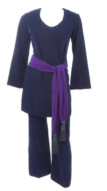 Women's Yves Saint Laurent Navy Velvet Suit with Belt/Scarf For Sale