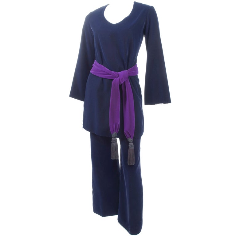 Yves Saint Laurent Navy Velvet Suit with Belt/Scarf For Sale