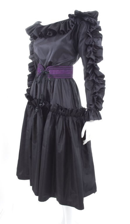 Black Yves Saint Laurent Blouse and Skirt Taffeta Silk Dress, 1981  For Sale