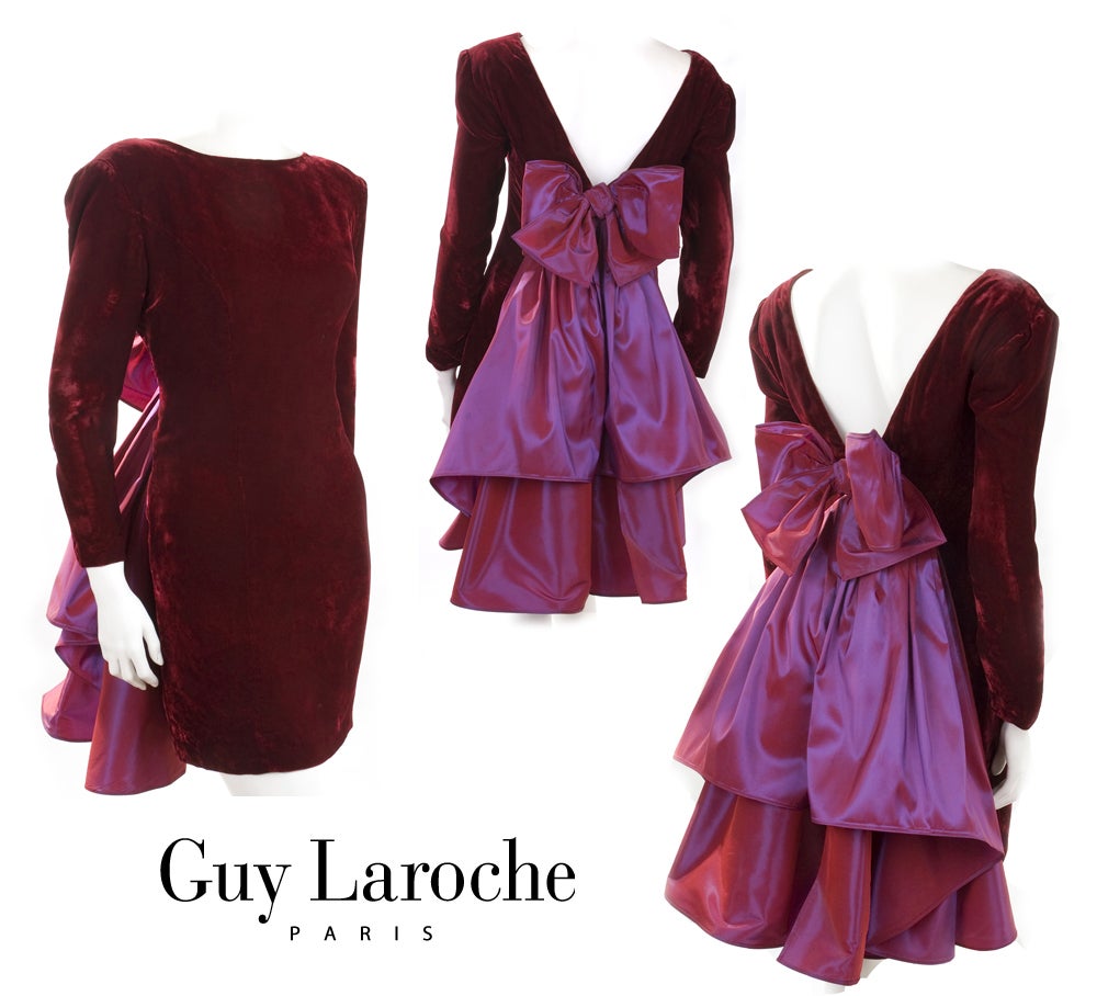 80's Guy Laroche Boutique Cocktail Dress.
Wine red velvet and two tone silk bow.
Measurements:
Length 34