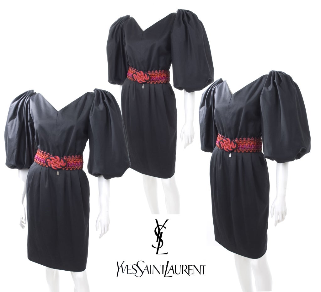 80's Yves Saint Laurent Black Cotton Sateen Dress 
The skirt has 2 pockets in the side seam.
Size: 38 EU - about 4 US
Excellent condition - no damage, stains or else.
Measurement:
Length 37- bust 36  - waist 27 - hips 38  inches

