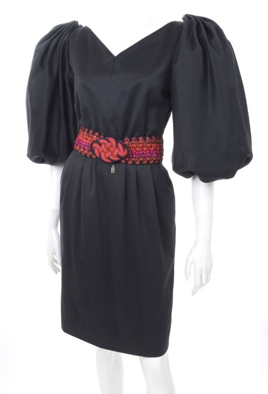 Women's Vintage 80's Yves Saint Laurent Black Cotton Sateen Dress with Matching Belt For Sale