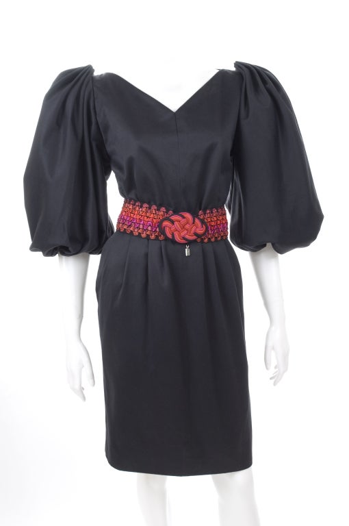 Vintage 80's Yves Saint Laurent Black Cotton Sateen Dress with Matching Belt For Sale 2