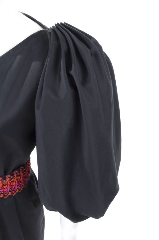 Vintage 80's Yves Saint Laurent Black Cotton Sateen Dress with Matching Belt For Sale 3