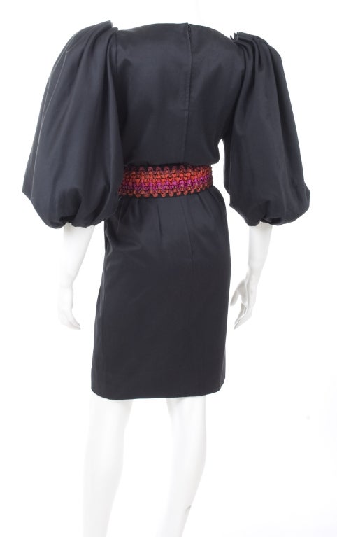 Vintage 80's Yves Saint Laurent Black Cotton Sateen Dress with Matching Belt For Sale 4