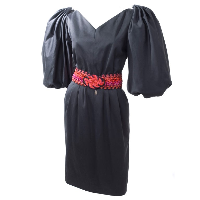 Vintage 80's Yves Saint Laurent Black Cotton Sateen Dress with Matching Belt For Sale