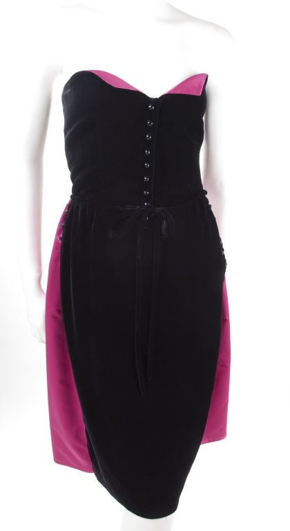 Vintage Valentino Boutique Black Velvet & Pink Satin Cocktail Dress For Sale 1