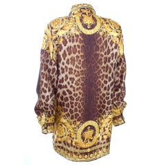 90's Gianni Versace Silk Shirt Leopard and Gold Crown Print