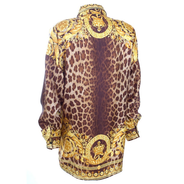 90's Gianni Versace Silk Shirt Leopard and Gold Crown Print at 1stdibs