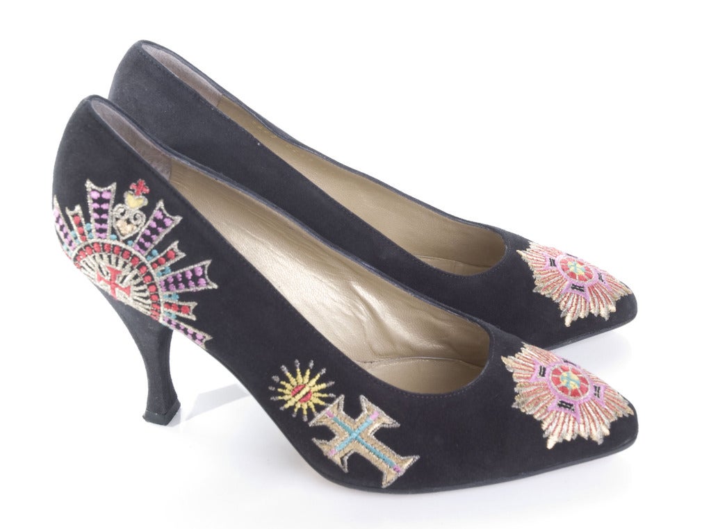 Gianni Versace Black Suede Shoes with Embroidery In Excellent Condition In Hamburg, Deutschland