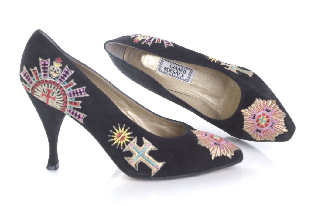 Women's Gianni Versace Black Suede Shoes with Embroidery
