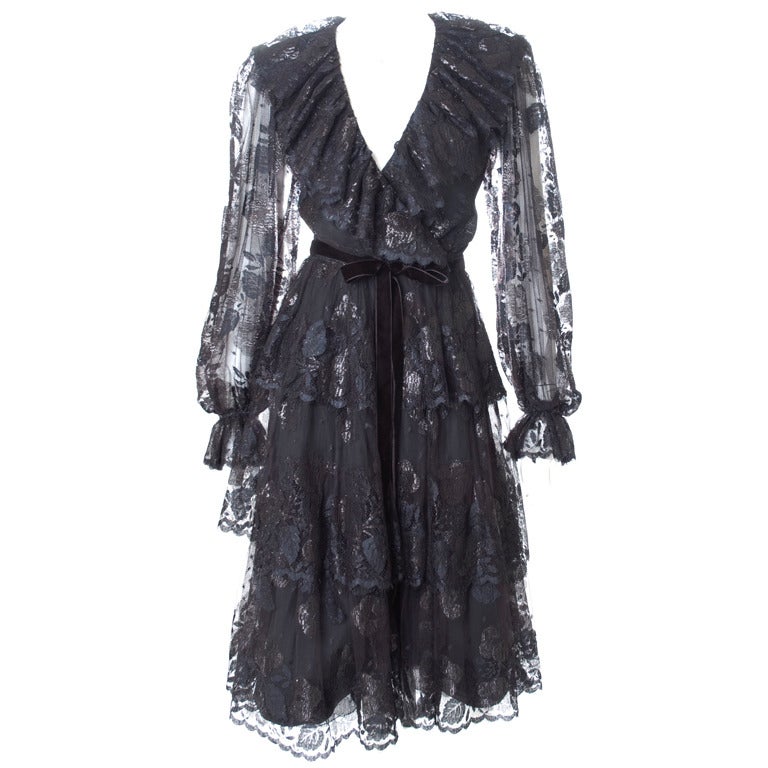 Vintage Jean Louis Scherrer Boutique Black Lace Cocktail Dress For Sale