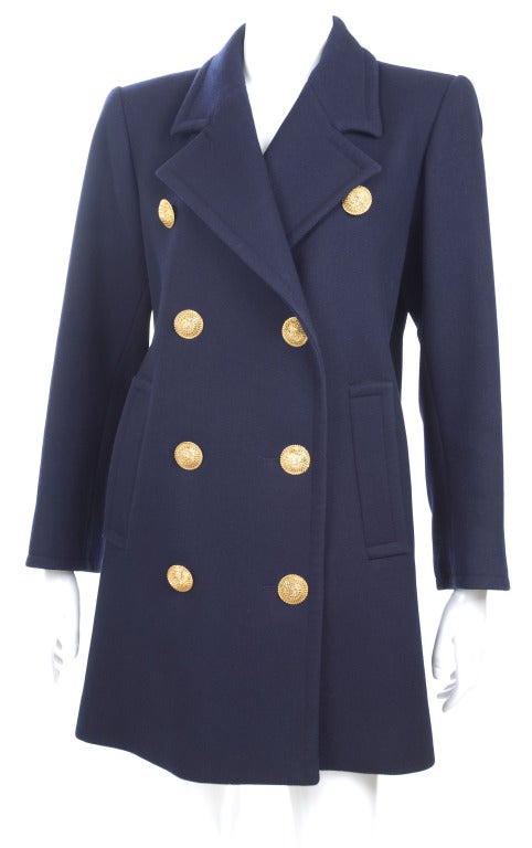 1980 “Le Caban” Navy Blue Yves Saint Laurent Pea Coat
Size 40 EU
100% Wool.
Measurements:
Length 33