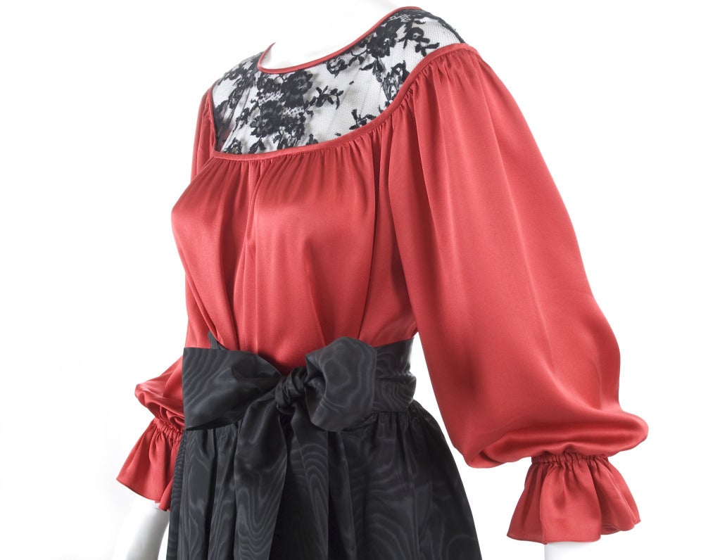 Black Yves Saint Laurent Red Satin Bluse and Moiré Skirt For Sale
