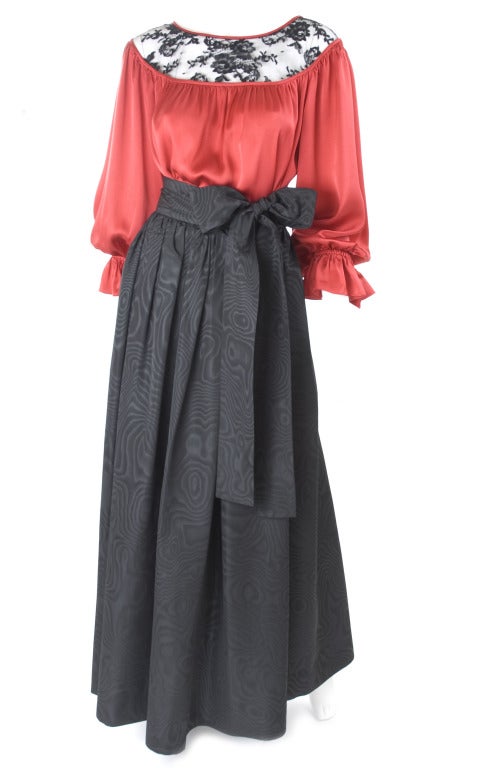 Women's Yves Saint Laurent Red Satin Bluse and Moiré Skirt For Sale