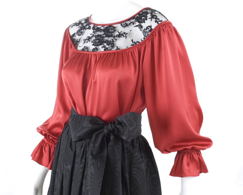 Yves Saint Laurent Red Satin Bluse and Moiré Skirt For Sale 1
