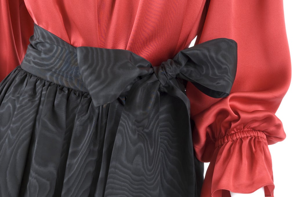 Yves Saint Laurent Red Satin Bluse and Moiré Skirt For Sale 2