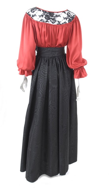 Yves Saint Laurent Red Satin Bluse and Moiré Skirt For Sale 3