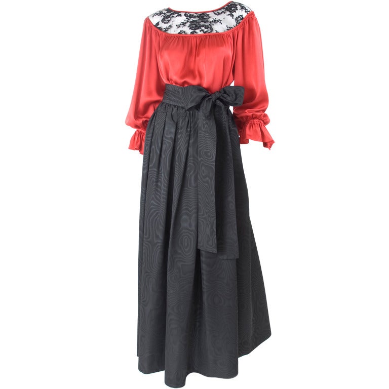 Yves Saint Laurent Red Satin Bluse and Moiré Skirt For Sale