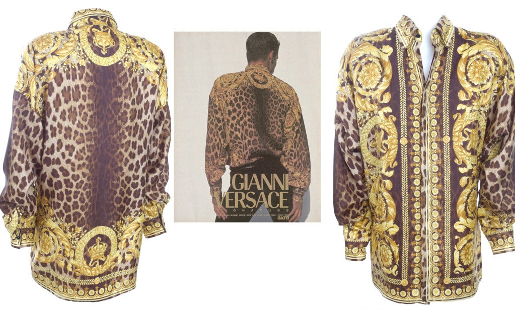 90's Gianni Versace Silk Shirt Leopard and Gold Crown Print