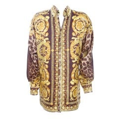 90
s Gianni Versace Silk Shirt Leopard and Gold Crown Print