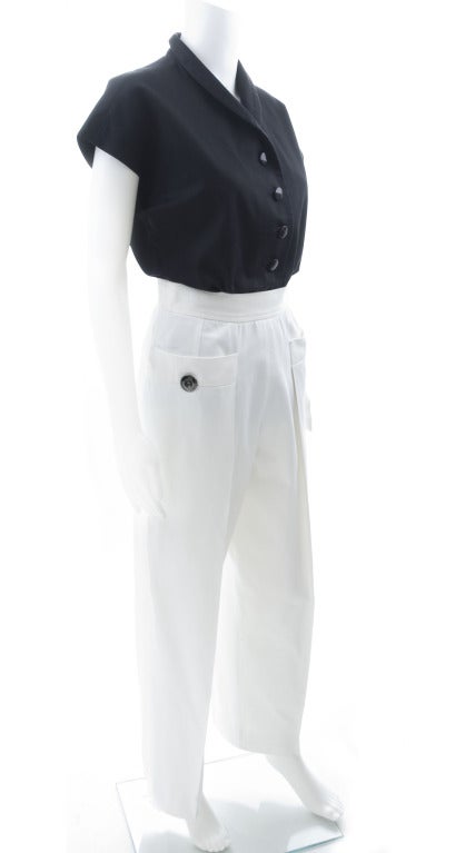 Women's 80's Yves Saint Laurent Black Blouse White Pants For Sale