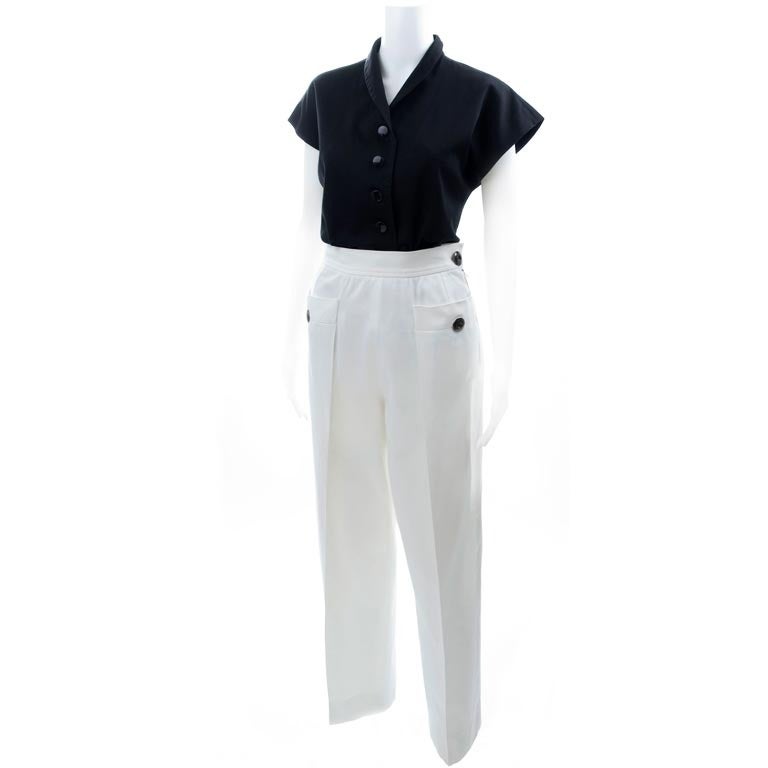 80's Yves Saint Laurent Black Blouse White Pants For Sale