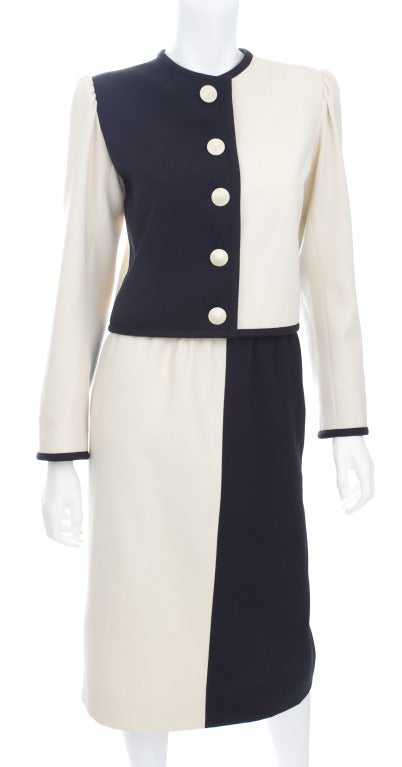 Beige Vintage 1980 Yves Saint Laurent Black and Creme Suit. For Sale