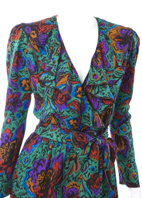 70's Vintage Yves Saint Laurent Jacquard Silk Wrap Dress in Vibrant ...