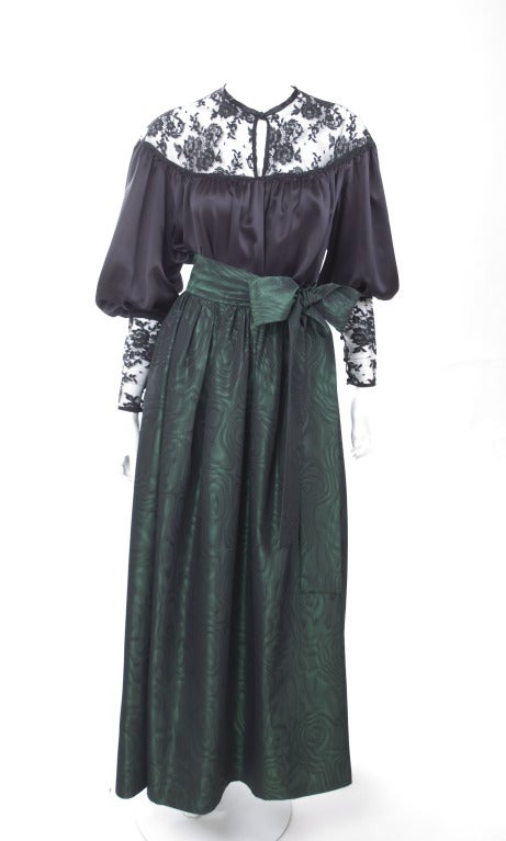 Women's Yves Saint Laurent Black Satin Blouse and Green Moiré Skirt. For Sale