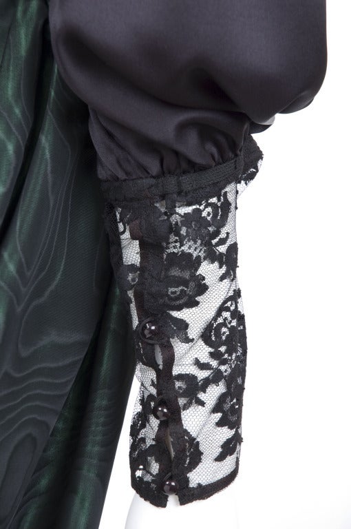 Yves Saint Laurent Black Satin Blouse and Green Moiré Skirt. For Sale 1
