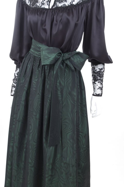 Yves Saint Laurent Black Satin Blouse and Green Moiré Skirt. For Sale 2