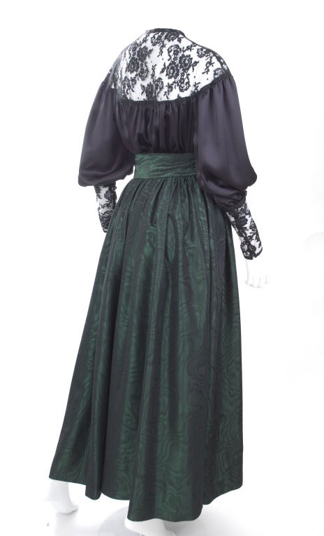 Yves Saint Laurent Black Satin Blouse and Green Moiré Skirt. For Sale 3