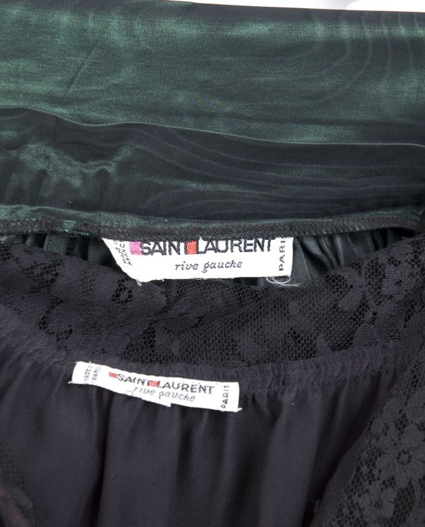 Yves Saint Laurent Black Satin Blouse and Green Moiré Skirt. For Sale 4