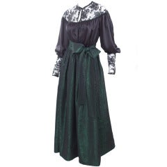 Yves Saint Laurent Black Satin Blouse and Green Moiré Skirt.