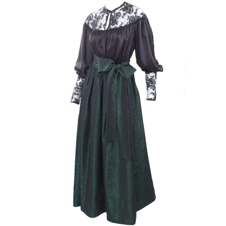 Yves Saint Laurent Black Satin Blouse and Green Moiré Skirt. For Sale