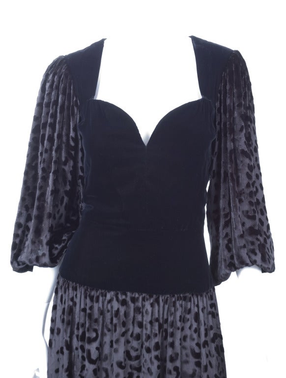 Black 80's Yves Saint Laurent Velvet Bodice and Animal Print Panne Velvet Gown For Sale