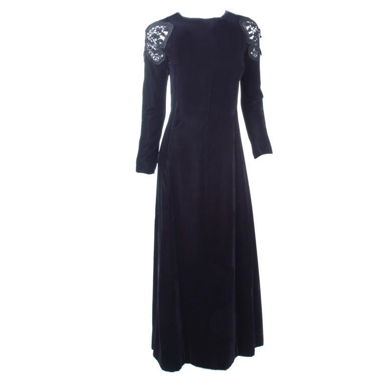 Vintage 70's Valentino Boutique Black Velvet Gown with Butterfly Detail. For Sale